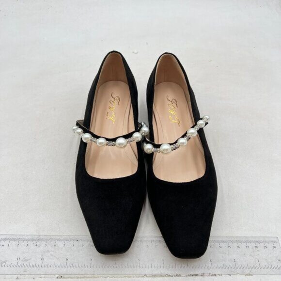 FOWT Women Square Toe Slip on Flats Pearl Studded Strap Elegant Pumps  Black - Picture 3 of 8